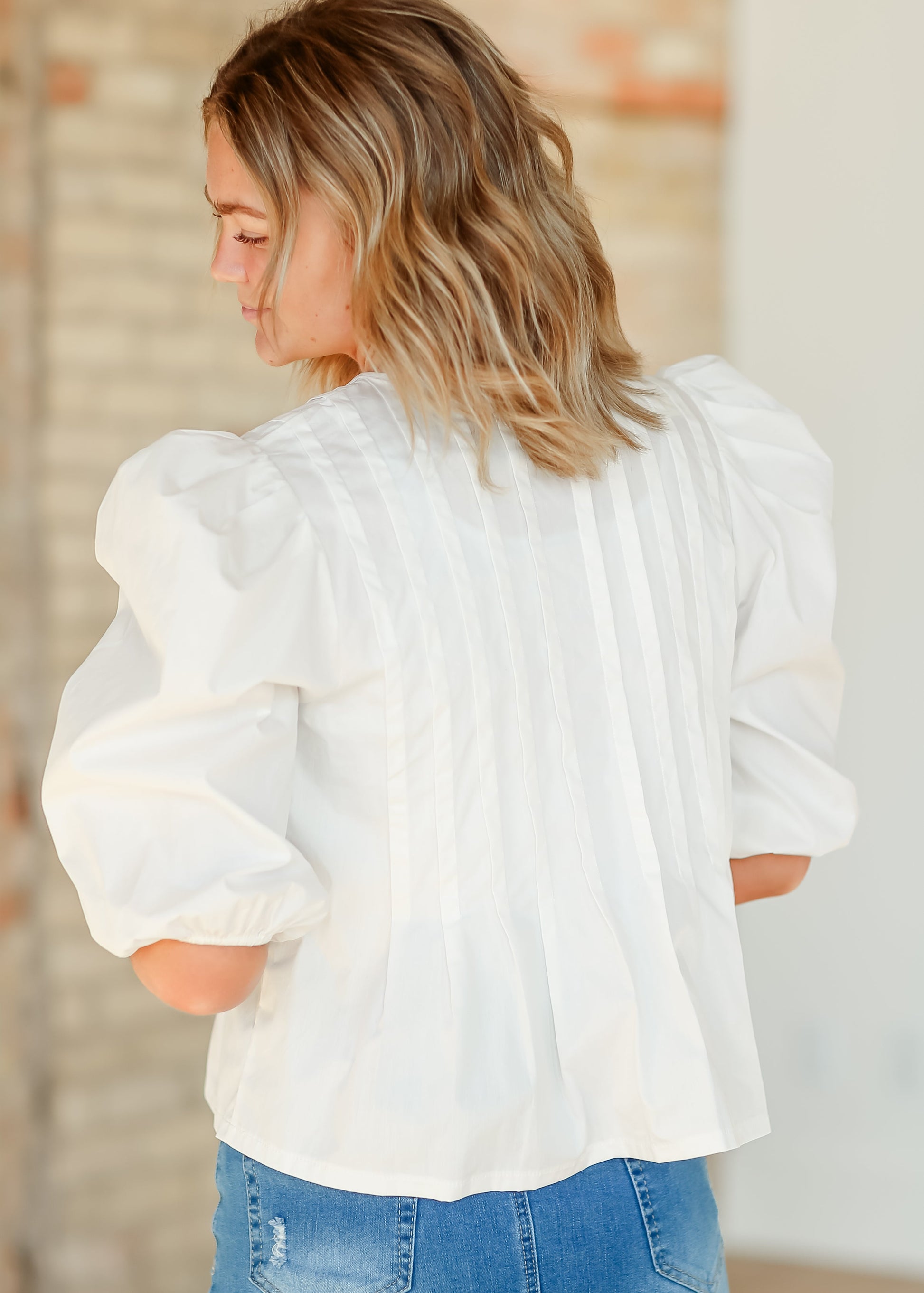 Pleated Cotton 3/4 Sleeve Top FF Tops