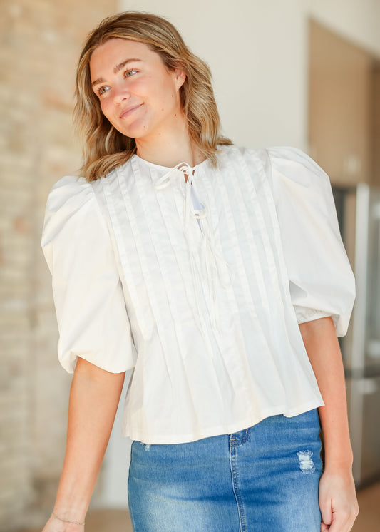 Pleated Cotton 3/4 Sleeve Top FF Tops