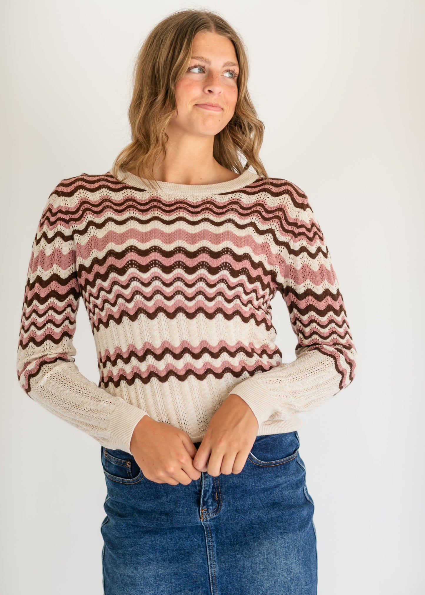 Pointelle Knit Crewneck Sweater FF Tops