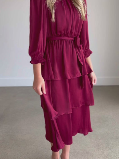 Tiered 3/4 Sleeve Satin Midi Dress - FINAL SALE