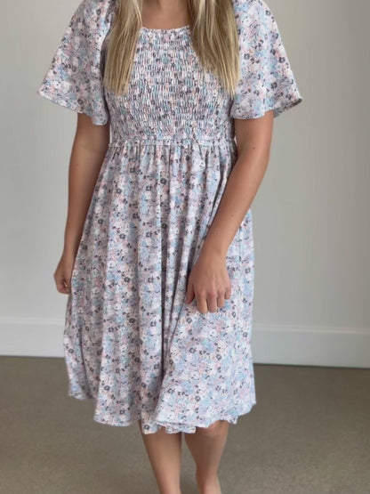 Square Neck Smocked Floral Midi Dress - FINAL SALE