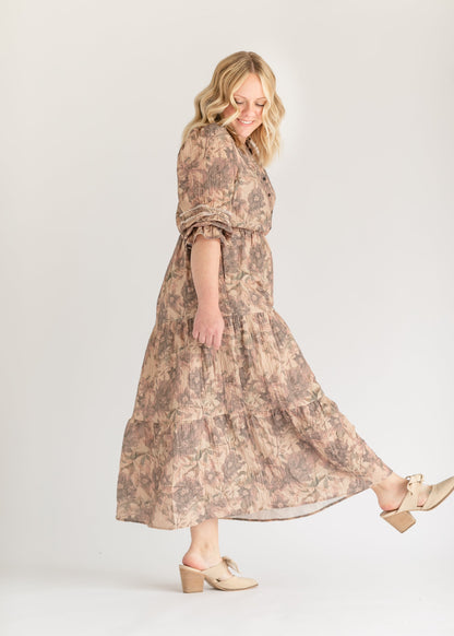 Printed Tiered Long Sleeve Maxi Dress FF Dresses