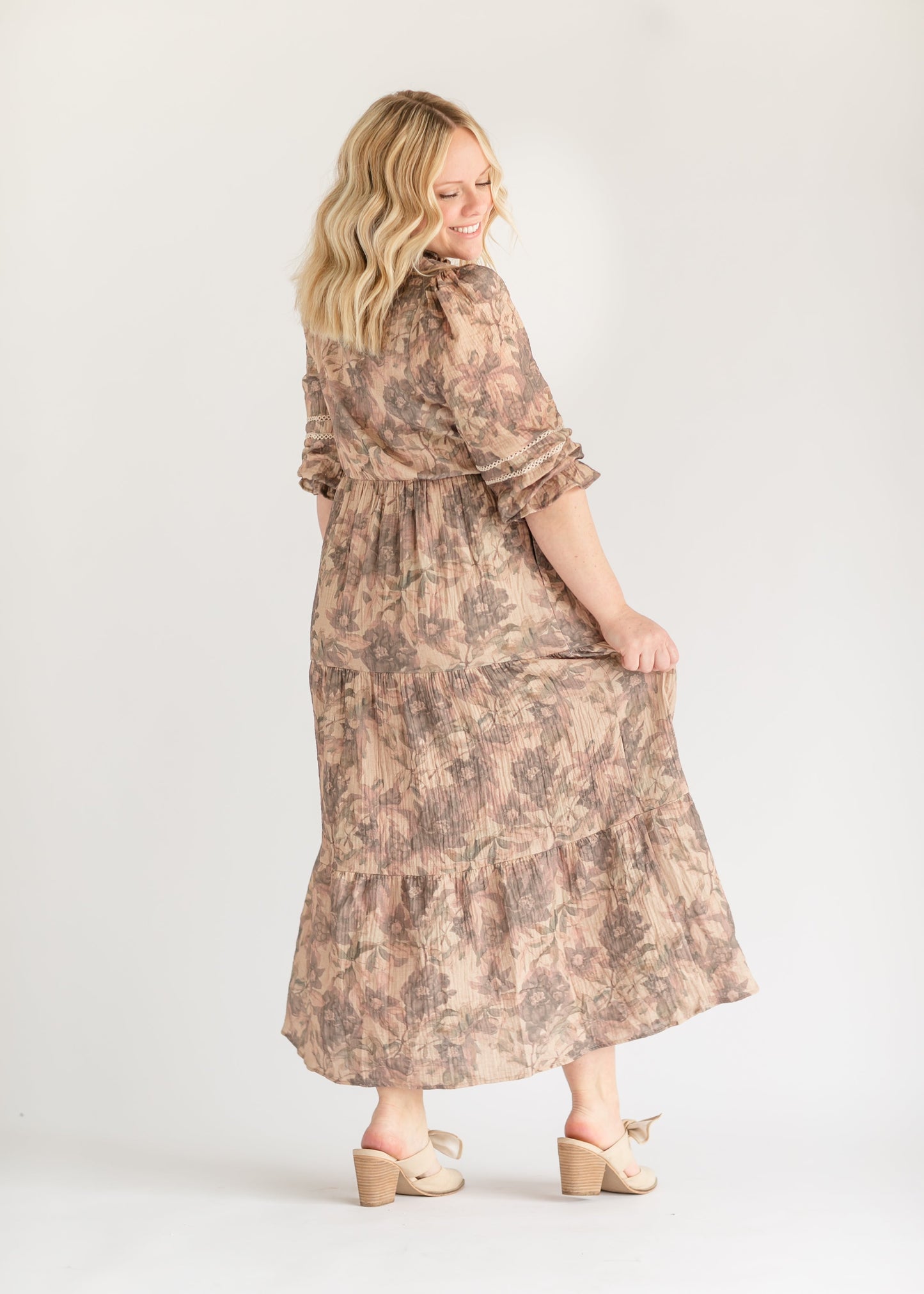 Printed Tiered Long Sleeve Maxi Dress FF Dresses