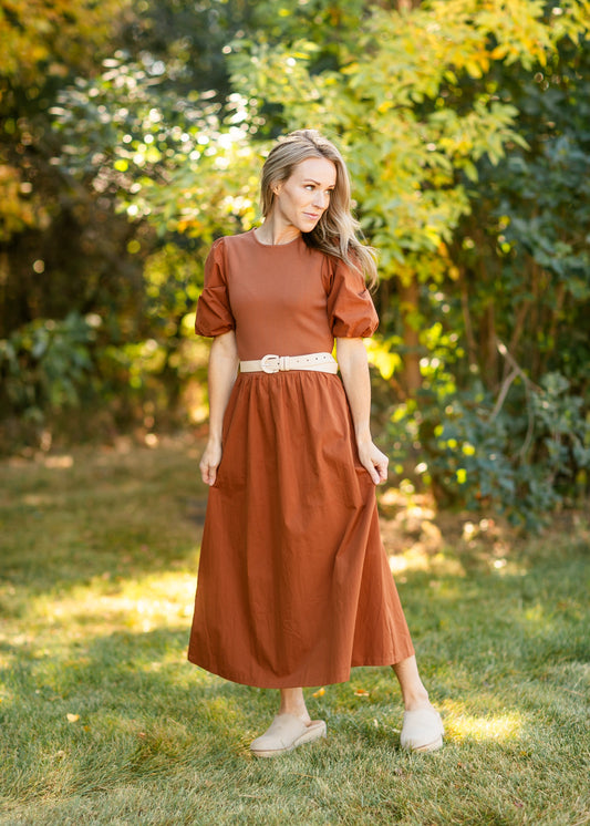 Puff Sleeve Cotton Knit Bodice Midi Dress FF Dresses