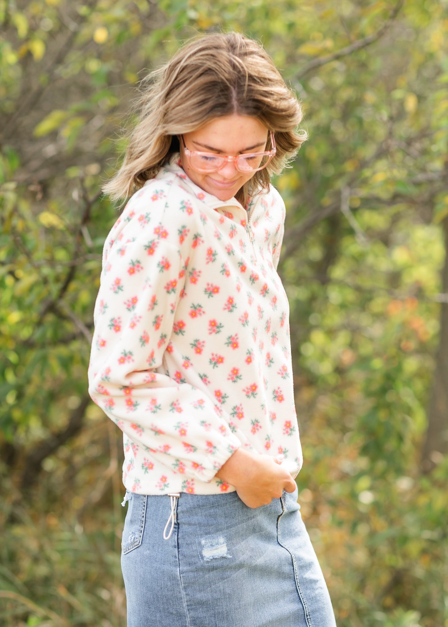 Quarter Zip Floral Fleece Top FF Tops