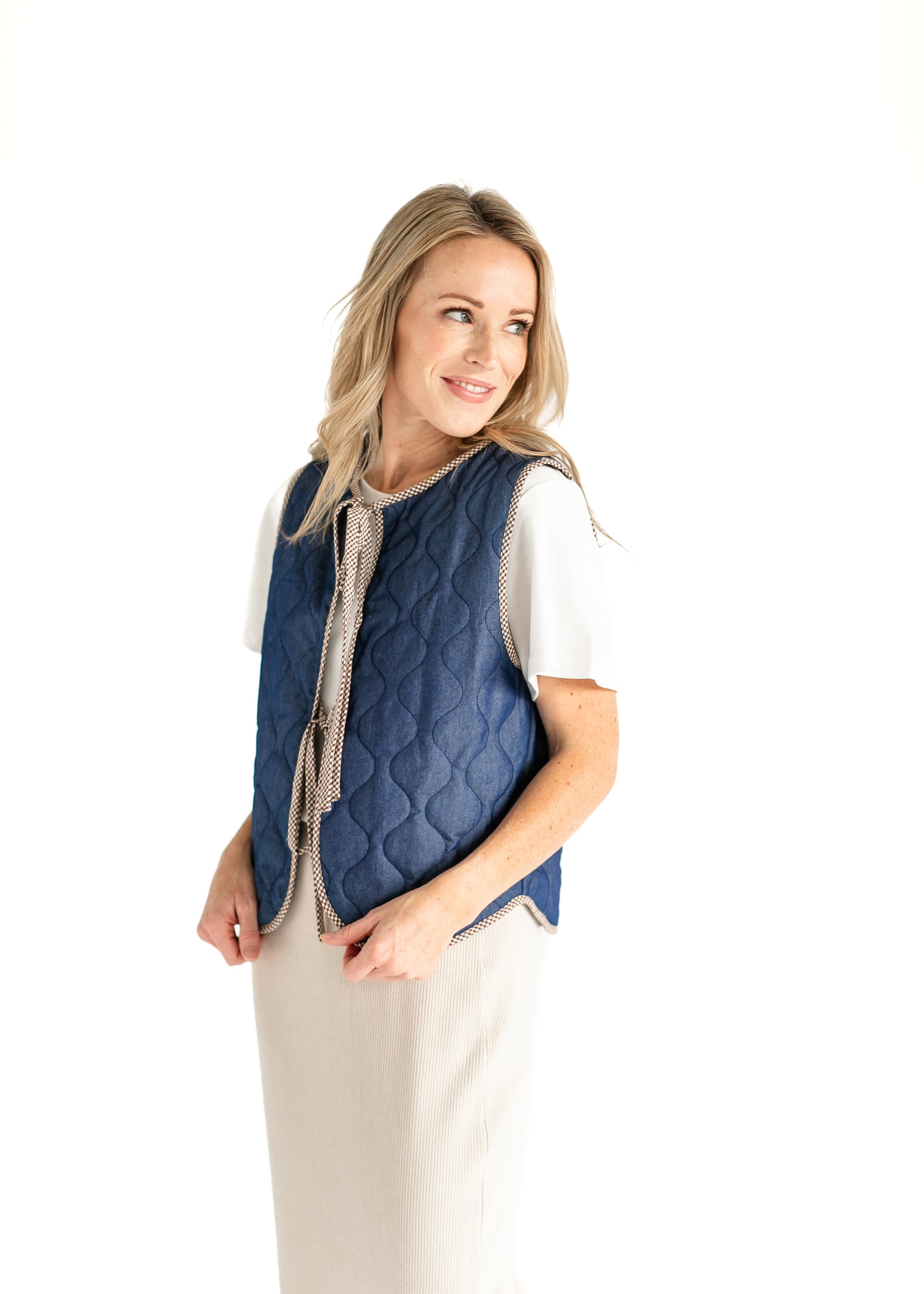 Quilted Front Tie Dark Denim Vest FF Tops