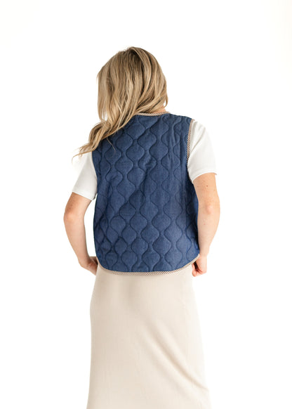 Quilted Front Tie Dark Denim Vest FF Tops