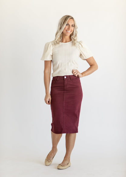 Remi Burgundy Denim Midi Skirt IC Skirts