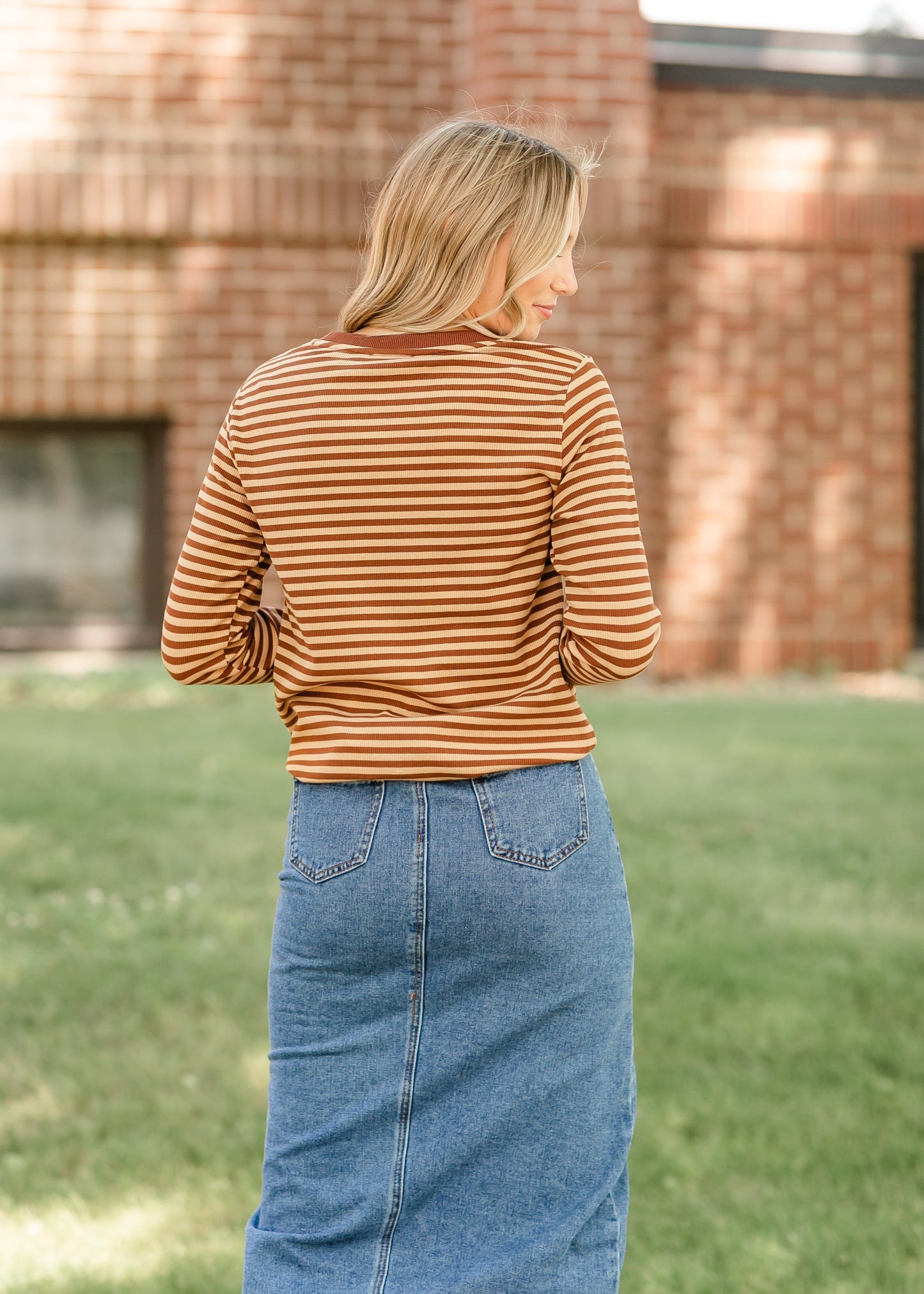 Ribbed Striped Knit Long Sleeve Top FF Tops