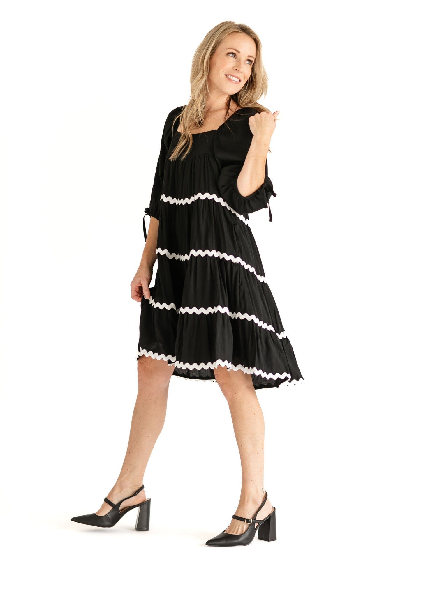 Ricrac Trimmed Tie Sleeve Black Midi Dress FF Dresses