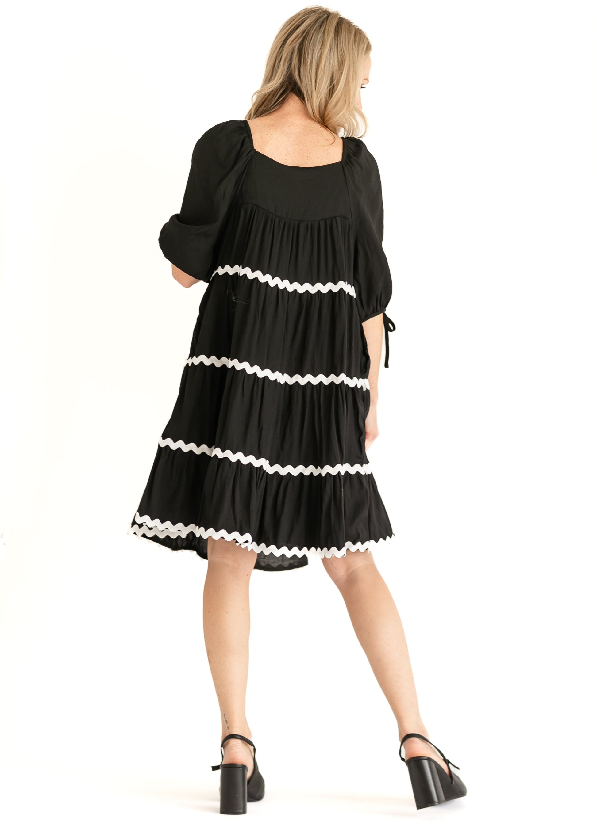 Ricrac Trimmed Tie Sleeve Black Midi Dress FF Dresses