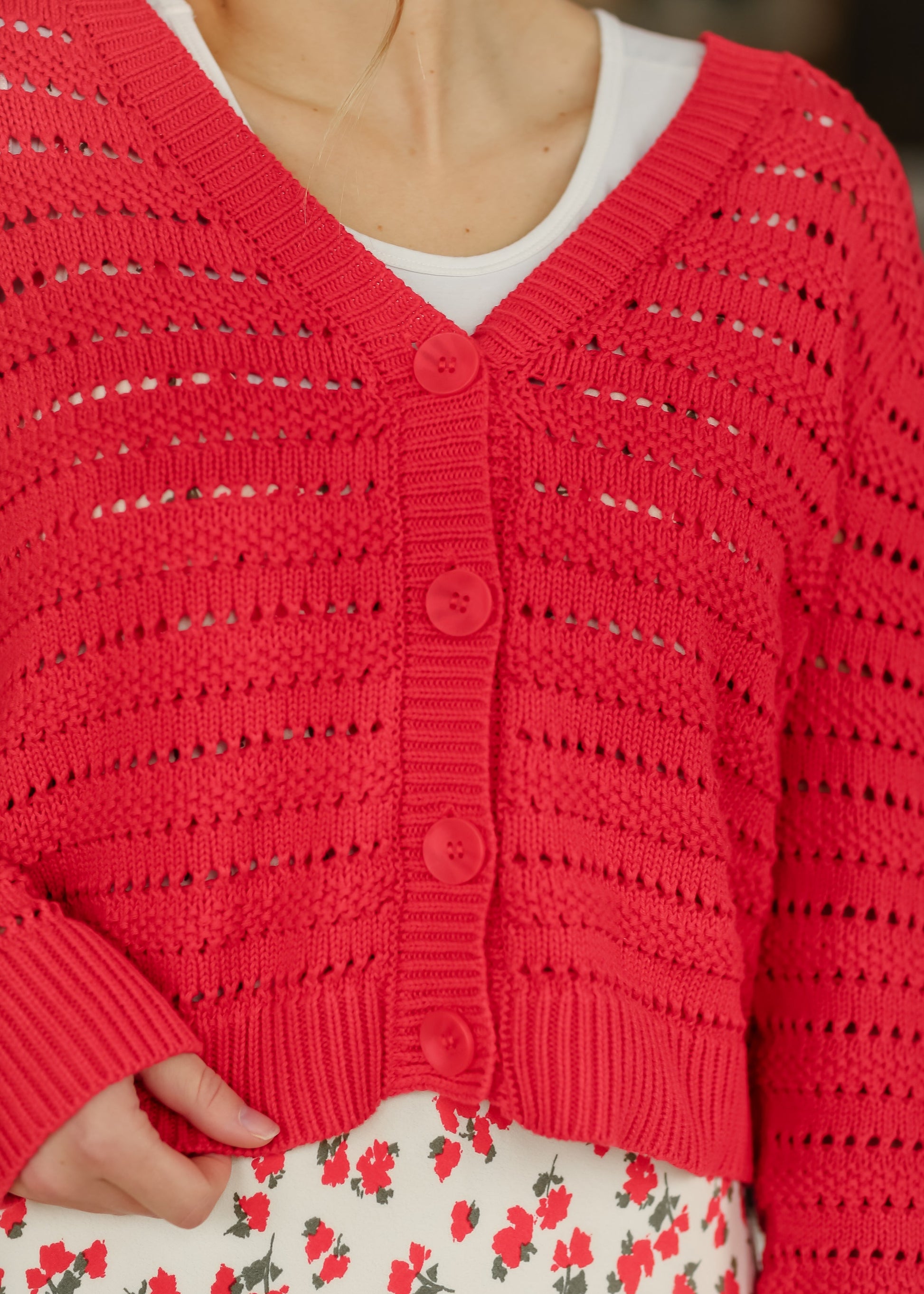 Romance Cherry Red Button Front Cardigan FF Tops