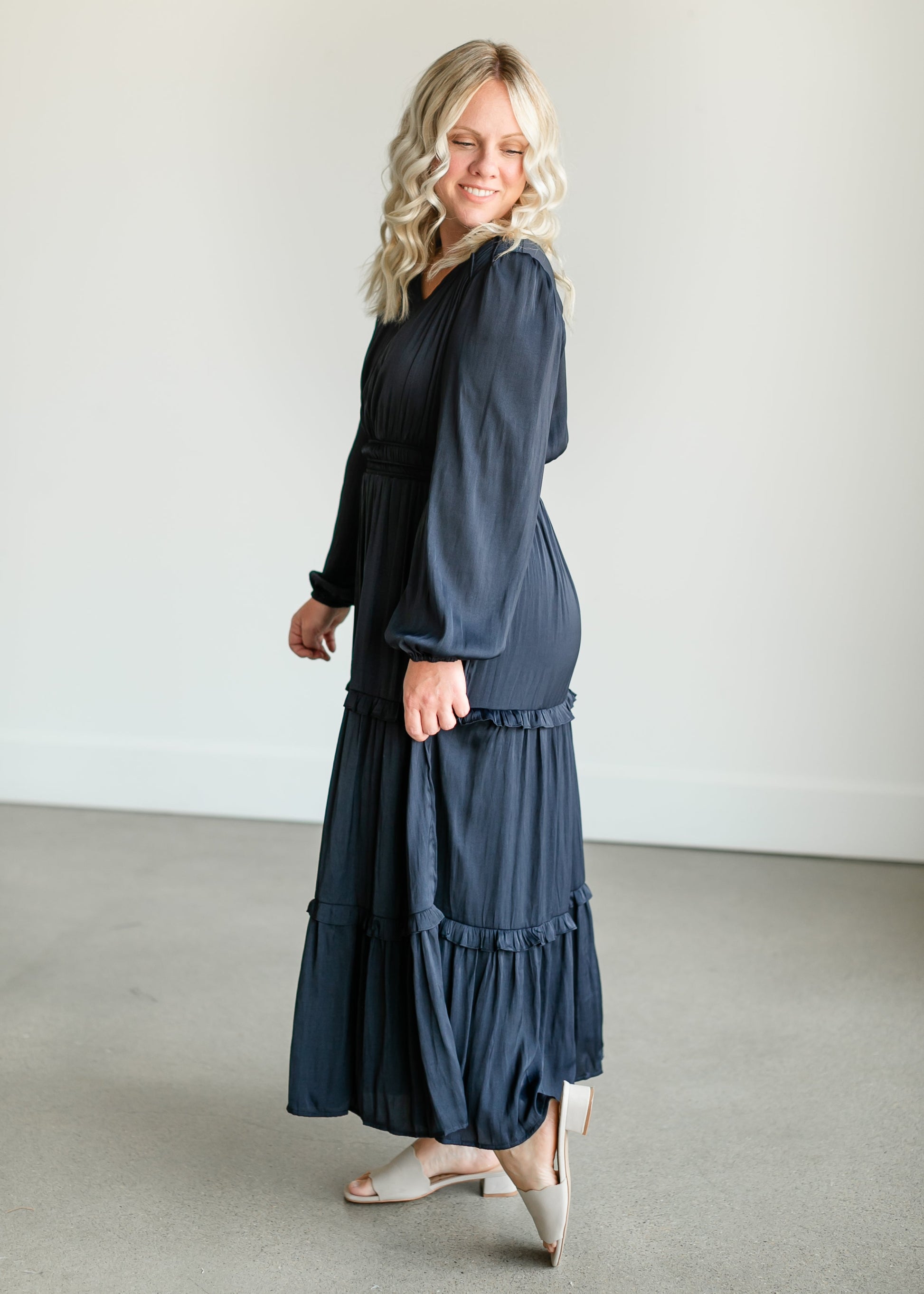 Ruffle Long Sleeve Satin Maxi Dress FF Dresses