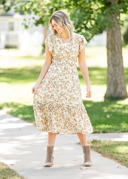 Ruffle Tiered Cream Floral Midi Dress FF Dresses