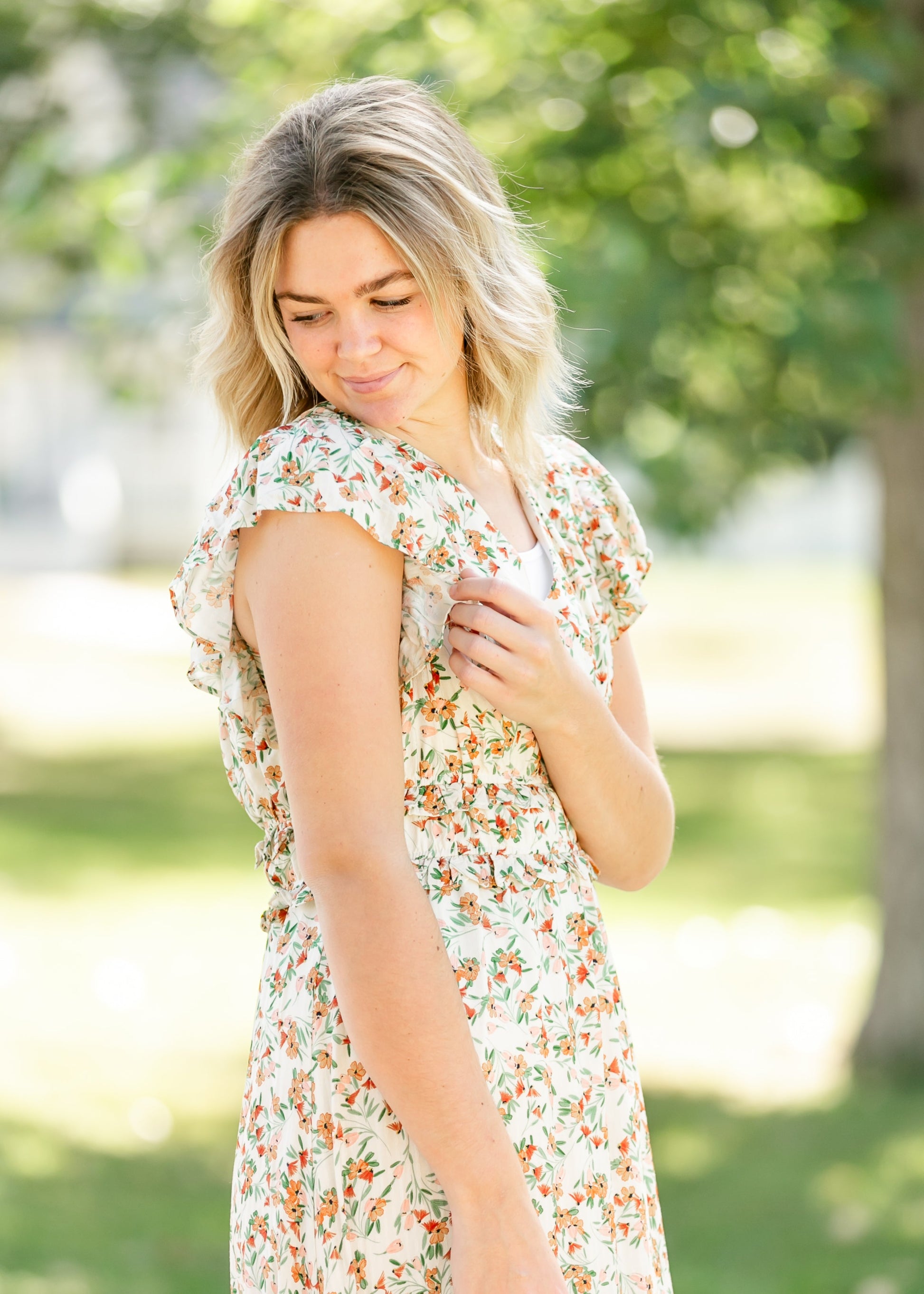 Ruffle Tiered Cream Floral Midi Dress FF Dresses