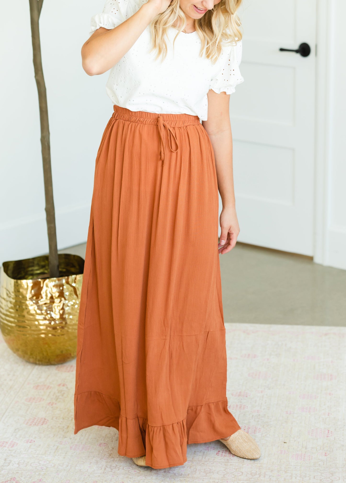 Rust Ruffle Hem Stretch Waist Maxi Skirt Skirts