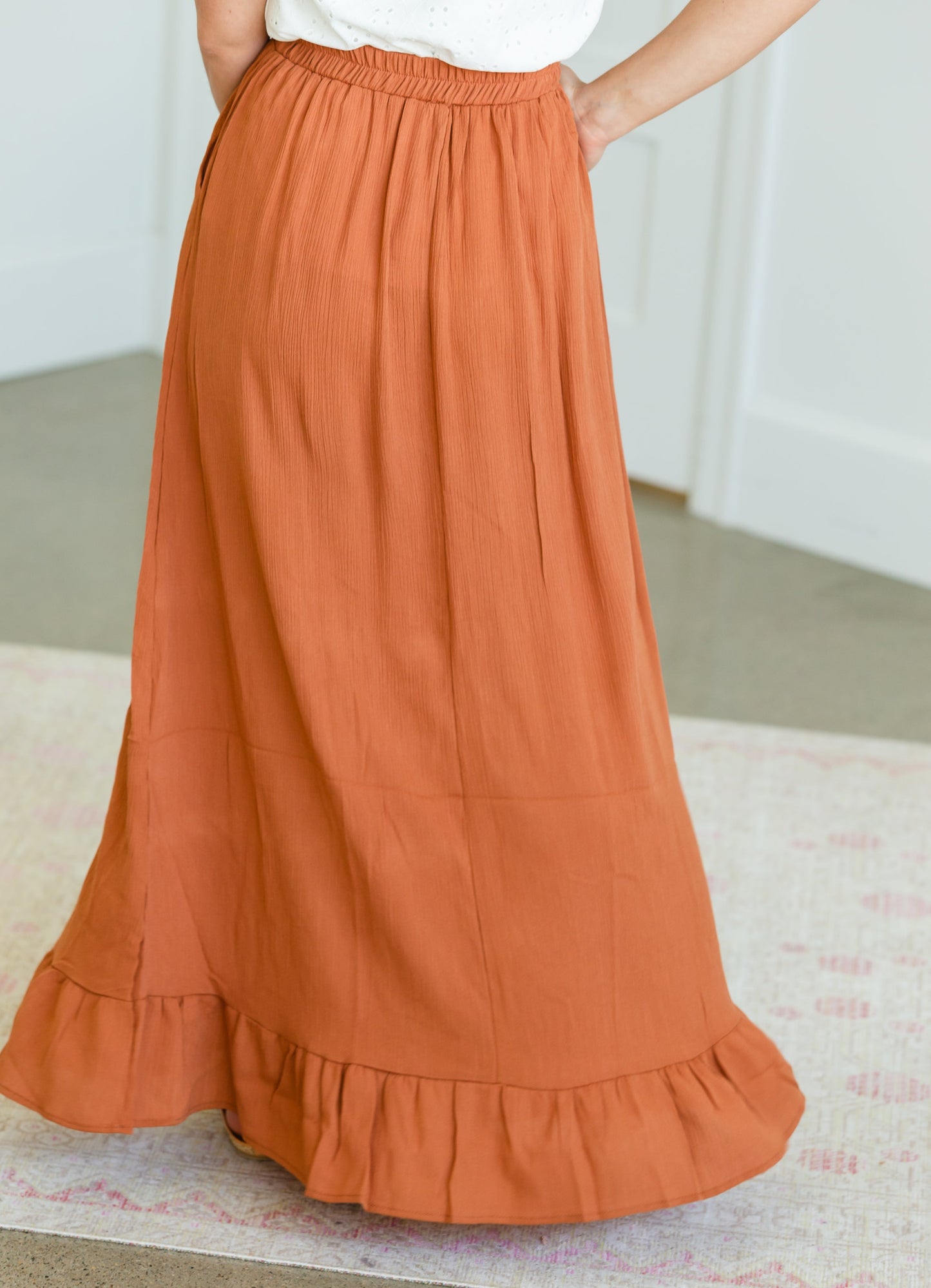 Rust Ruffle Hem Stretch Waist Maxi Skirt Skirts