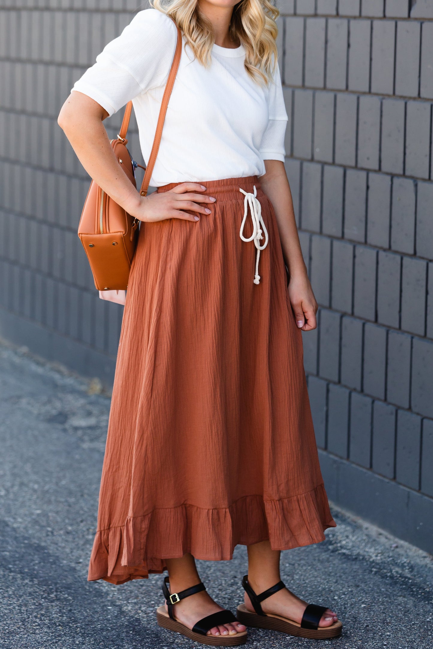 Rust Ruffle Hem Stretch Waist Midi Skirt Skirts