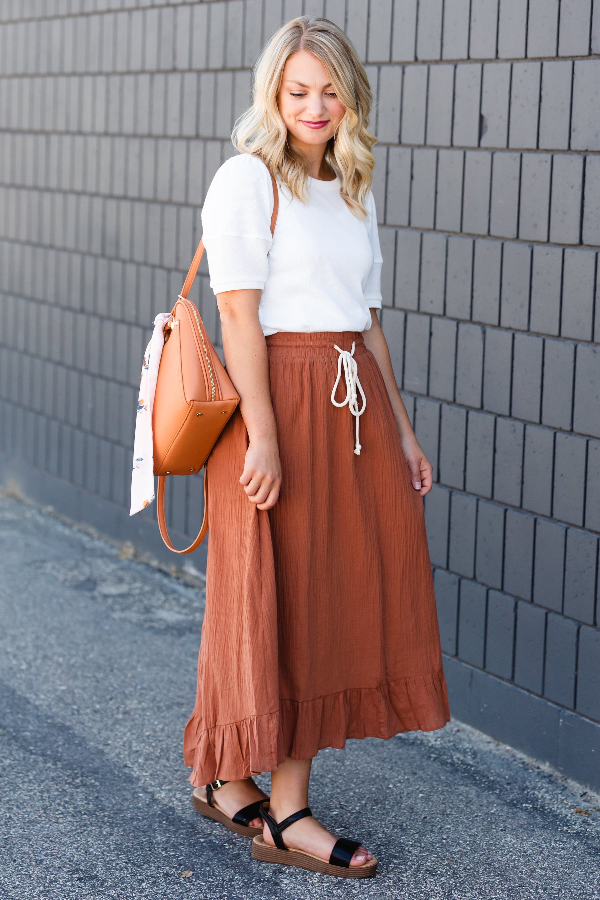 Rust Ruffle Hem Stretch Waist Midi Skirt Skirts