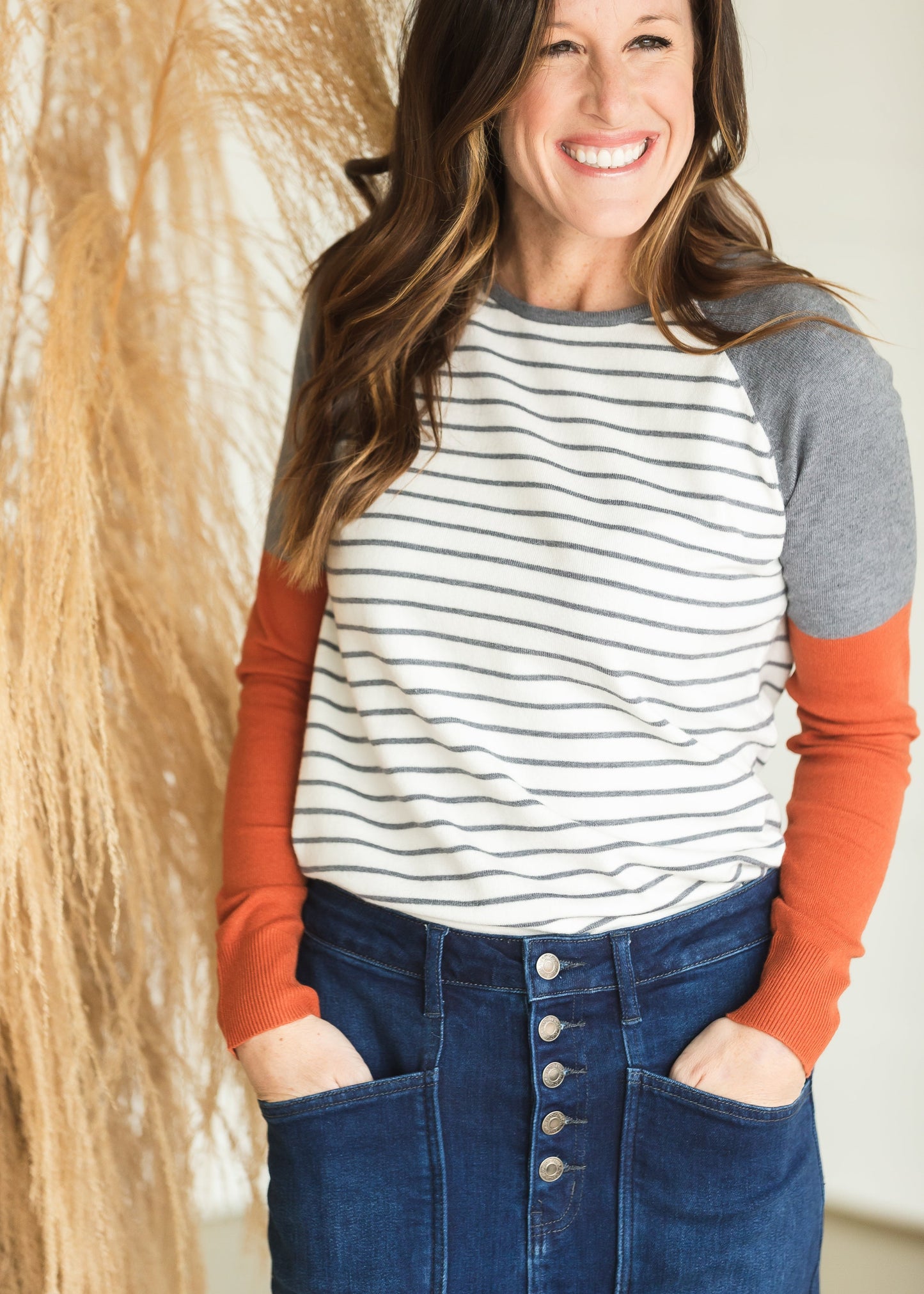 Rust Sleeve Striped Raglan Top Tops