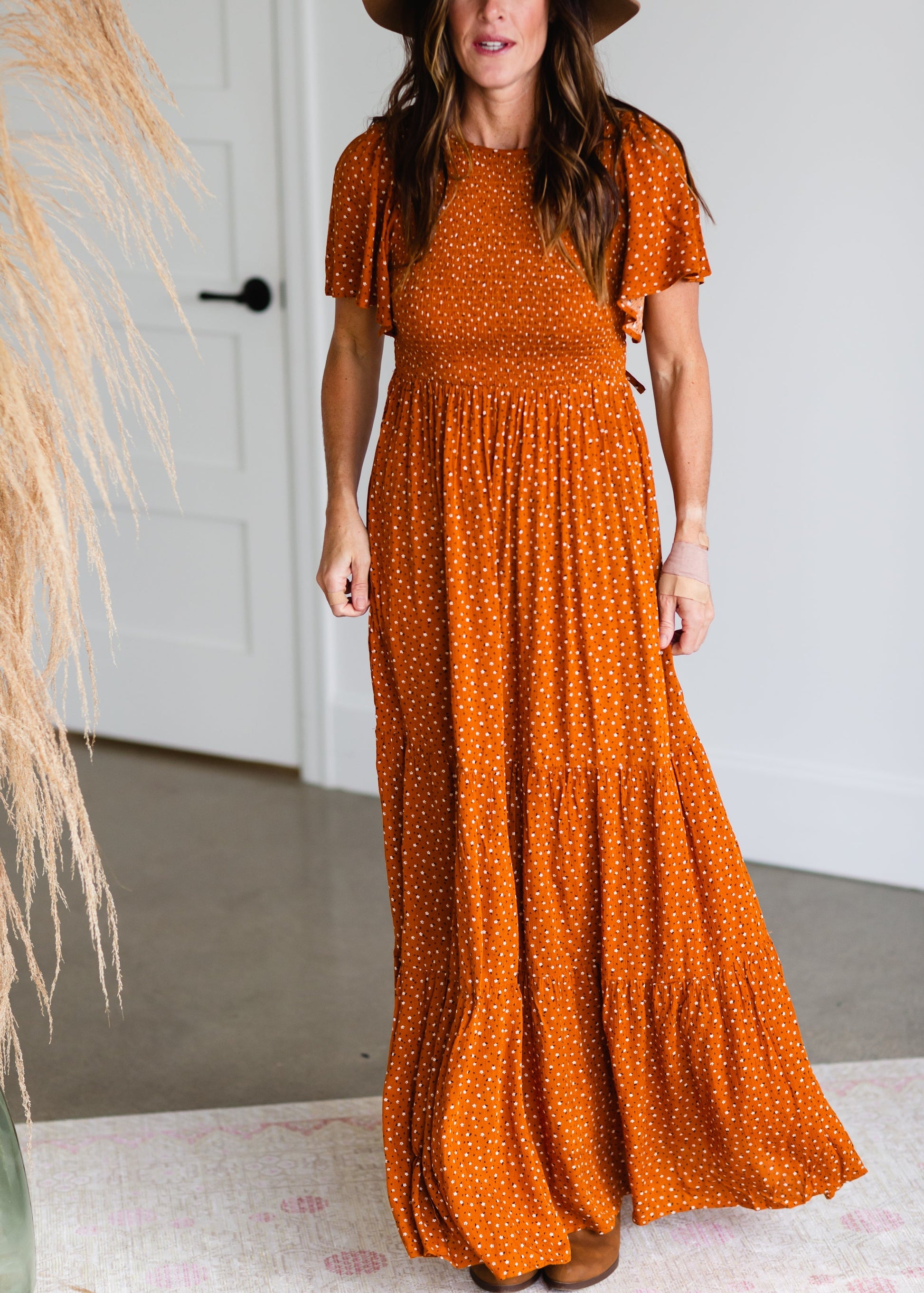 Rust Smocked Flutter Sleeve Floral Maxi Dress - FINAL SALE Dresses