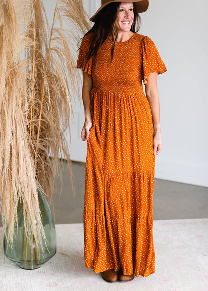 Rust Smocked Flutter Sleeve Floral Maxi Dress - FINAL SALE Dresses