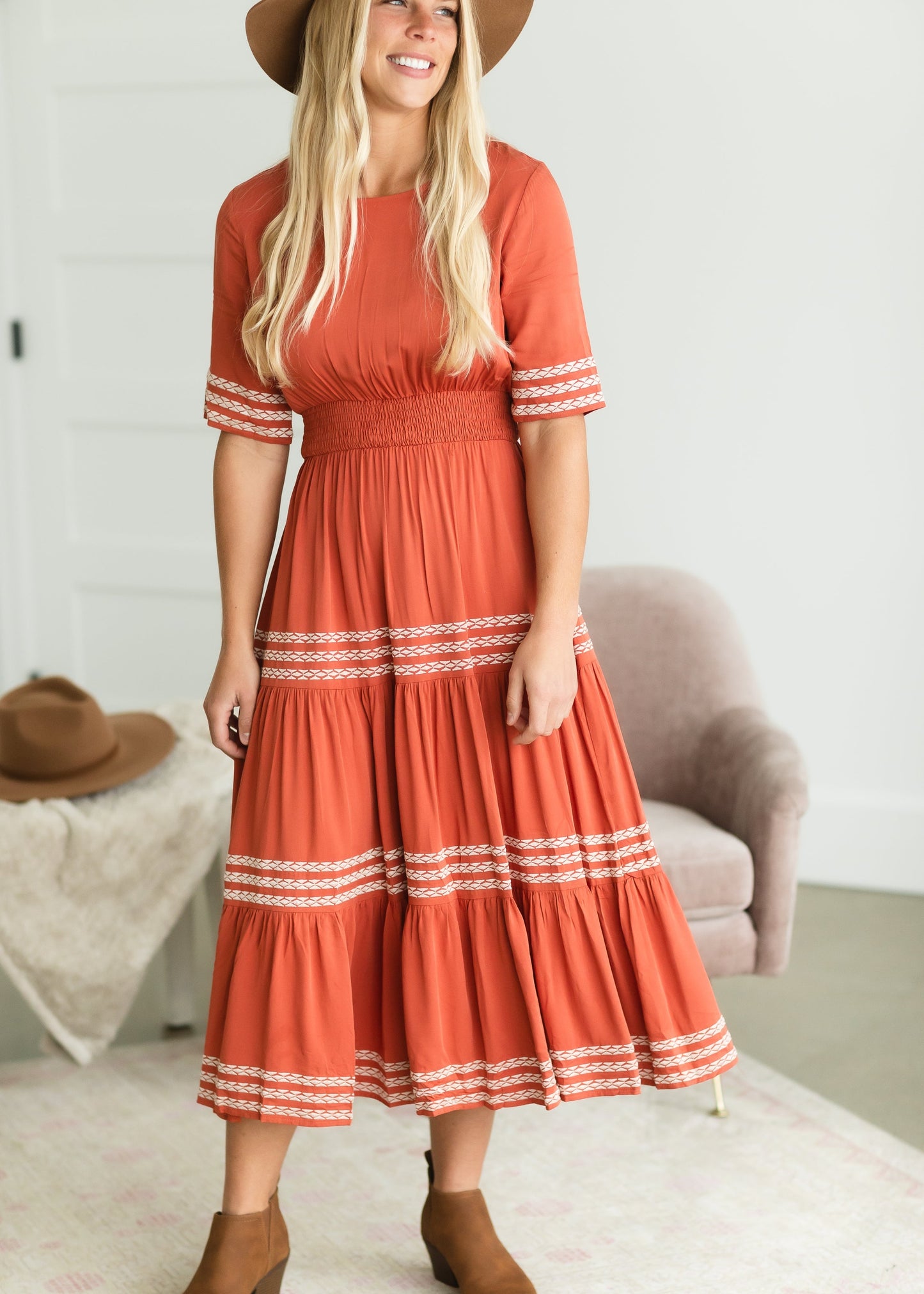 Rust Smocked Tiered Midi Dress - FINAL SALE Dresses