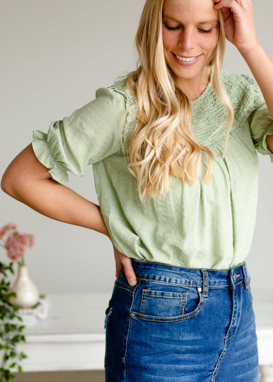 Sage Smocked Balloon Sleeve Top - FINAL SALE Tops