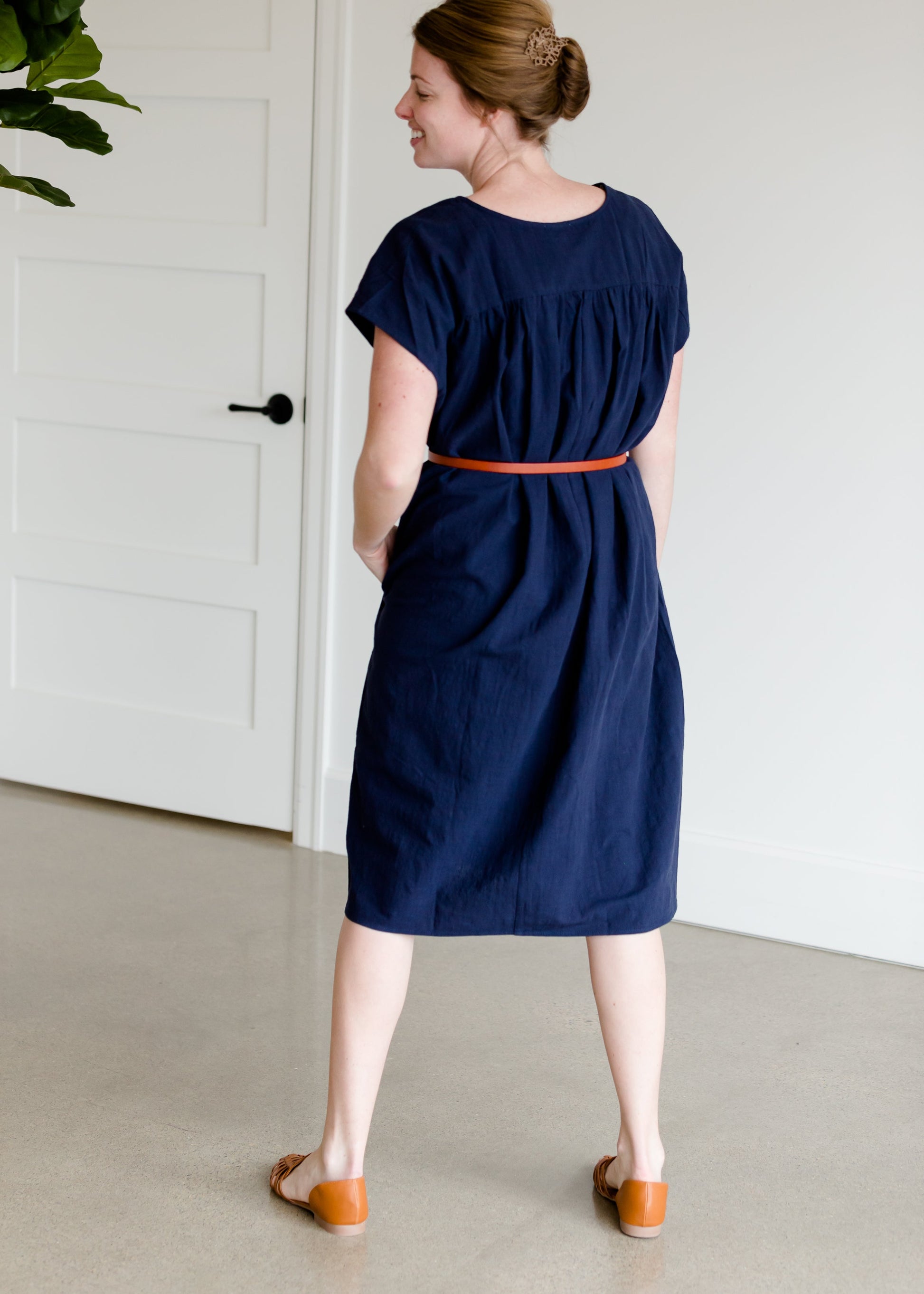 Short Sleeve Navy Cotton Midi Dress - FINAL SALE Dresses