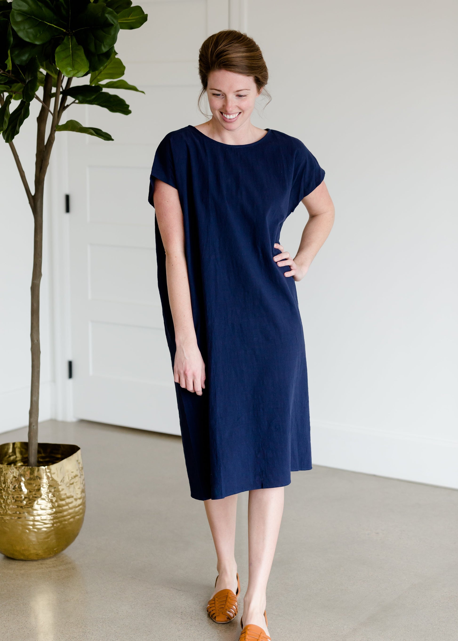 Short Sleeve Navy Cotton Midi Dress - FINAL SALE Dresses