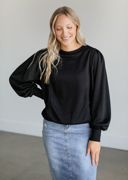 Shoulder Pintuck Crewneck Sweatshirt FF Tops Black / S