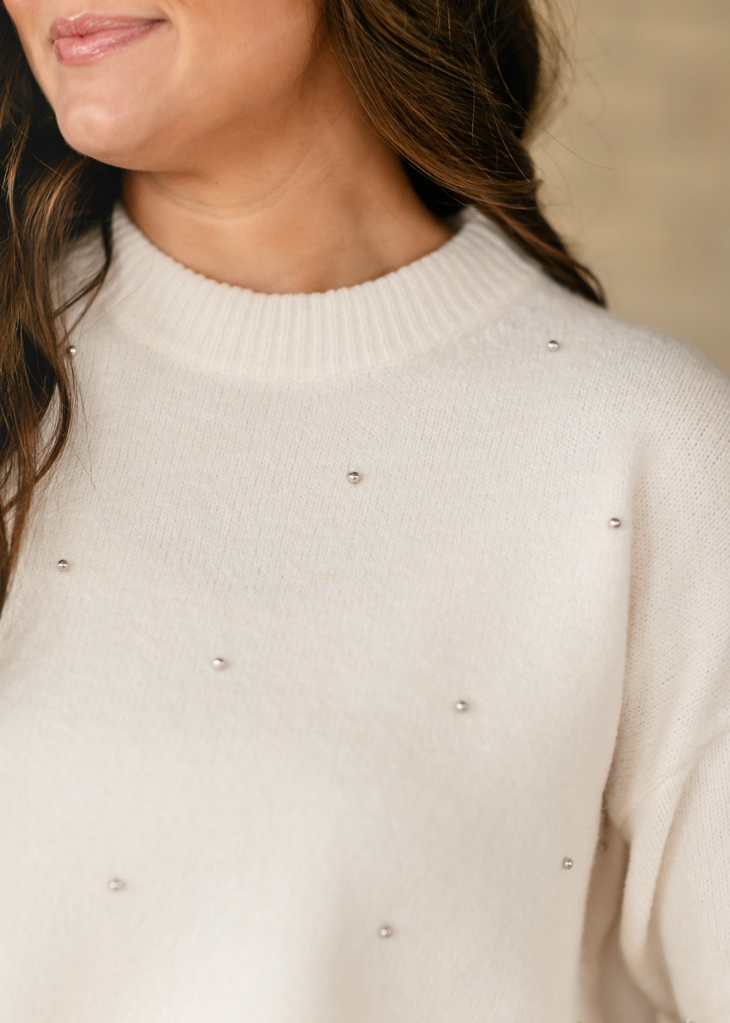 Silver Pearl Embellished Soft Knit Sweater FF Tops