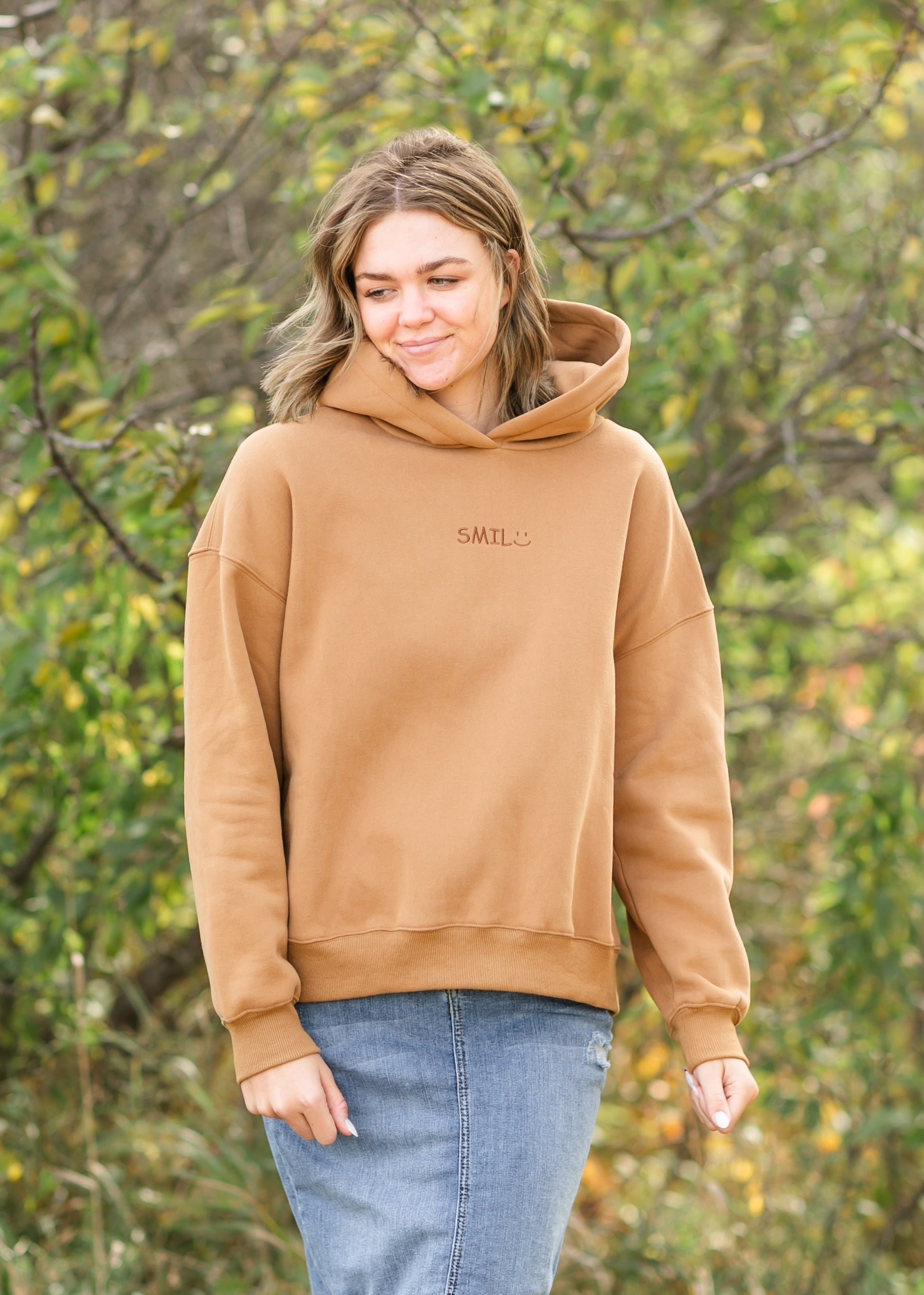 Smile Embroidered Fleece Hoodie Sweatshirt FF Tops