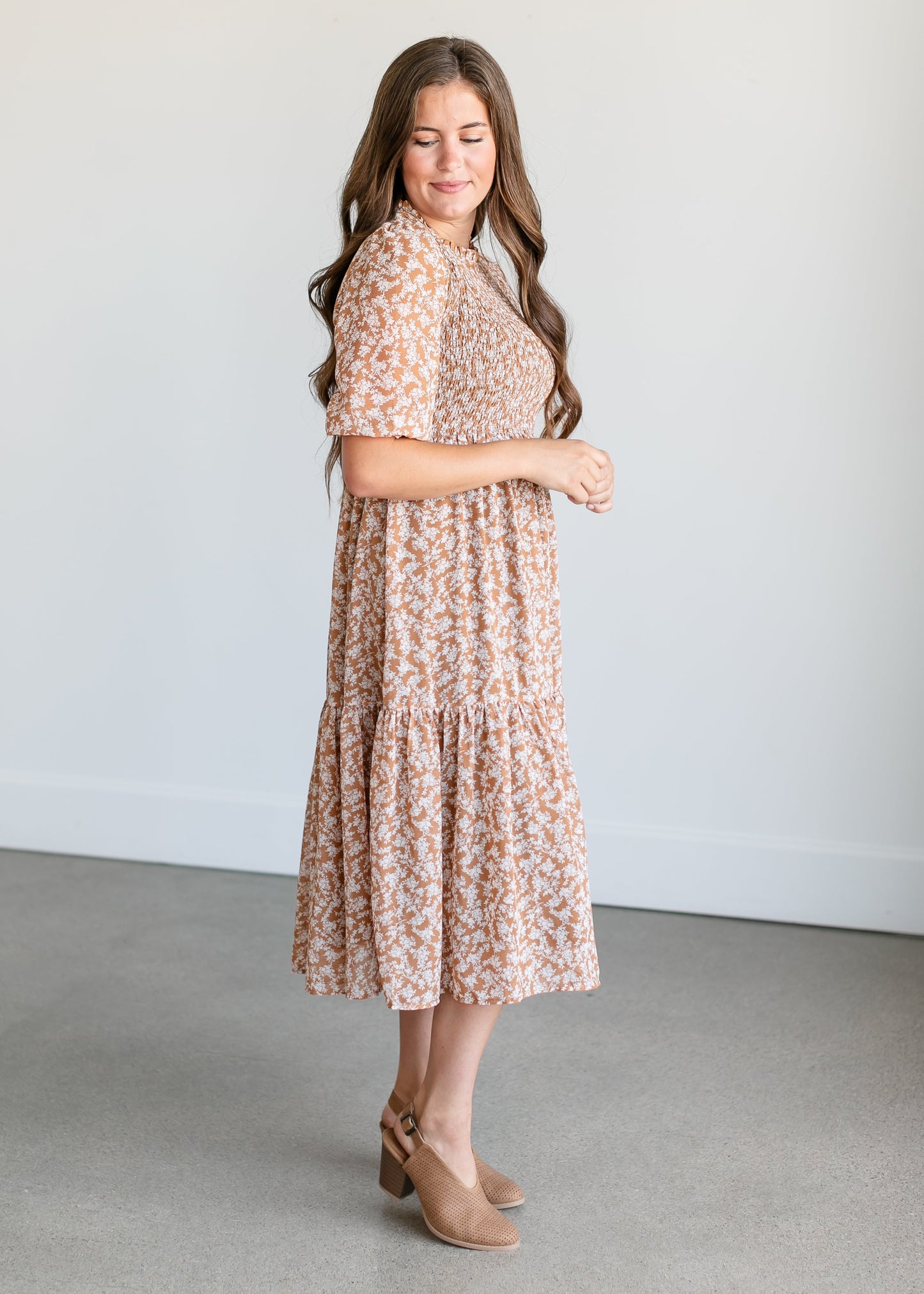 Smocked 3/4 Sleeve Floral Midi Dress FF Dresses