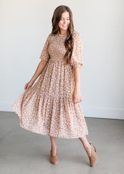 Smocked 3/4 Sleeve Floral Midi Dress FF Dresses