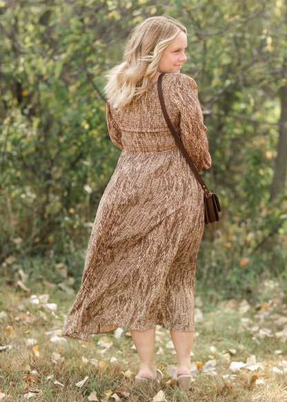 Smocked Brown Long Sleeve Maxi Dress FF Dresses