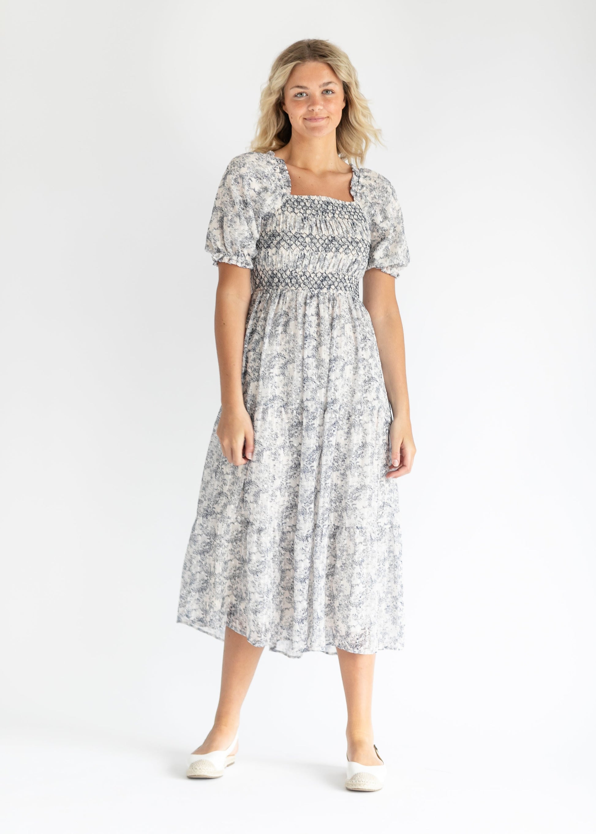 Smocked Floral Swiss Dot Maxi Dress FF Dresses