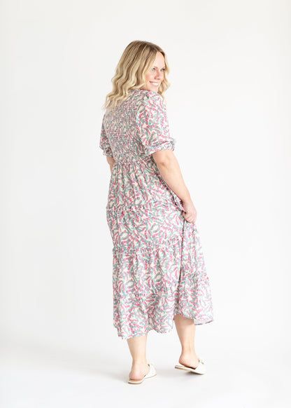 Smocked Half Sleeve Floral Maxi Dress FF Dresses