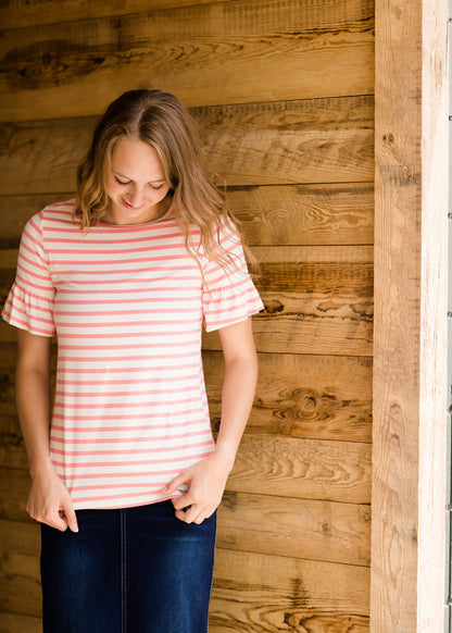 Soft Striped Ruffle Sleeve Top Tops