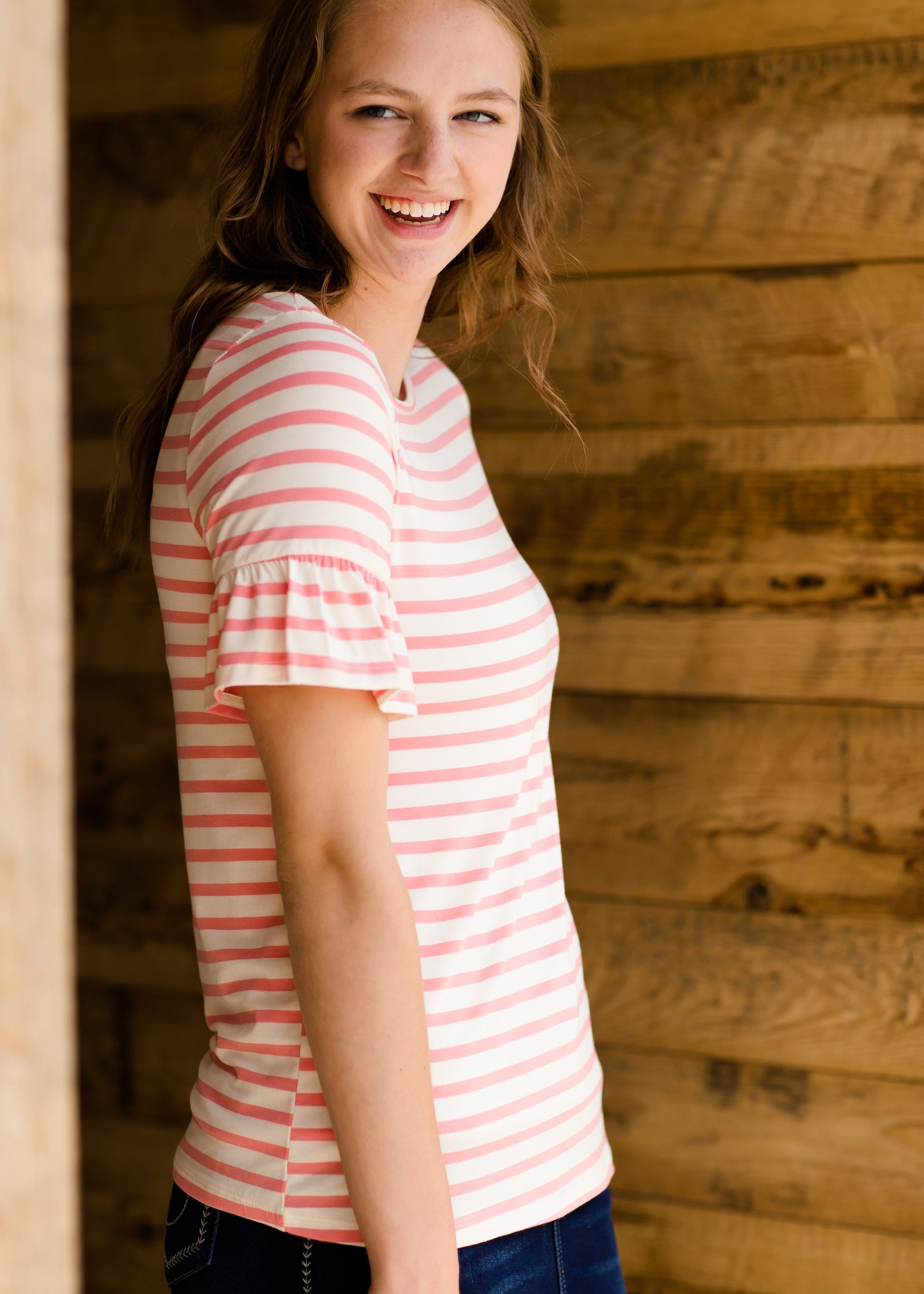 Soft Striped Ruffle Sleeve Top Tops