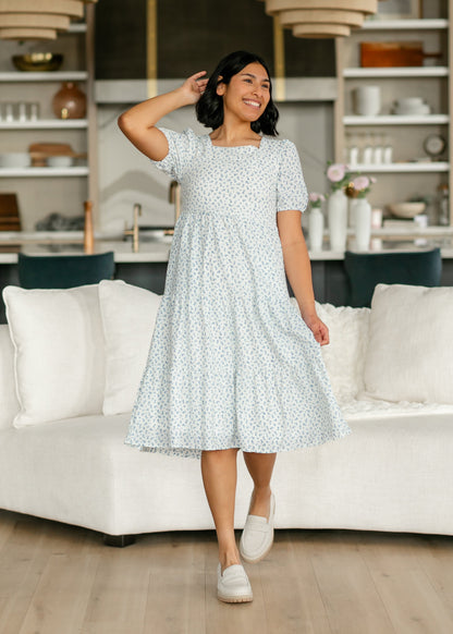 Square Neck Blue Floral Short Sleeve Midi Dress FF Dresses