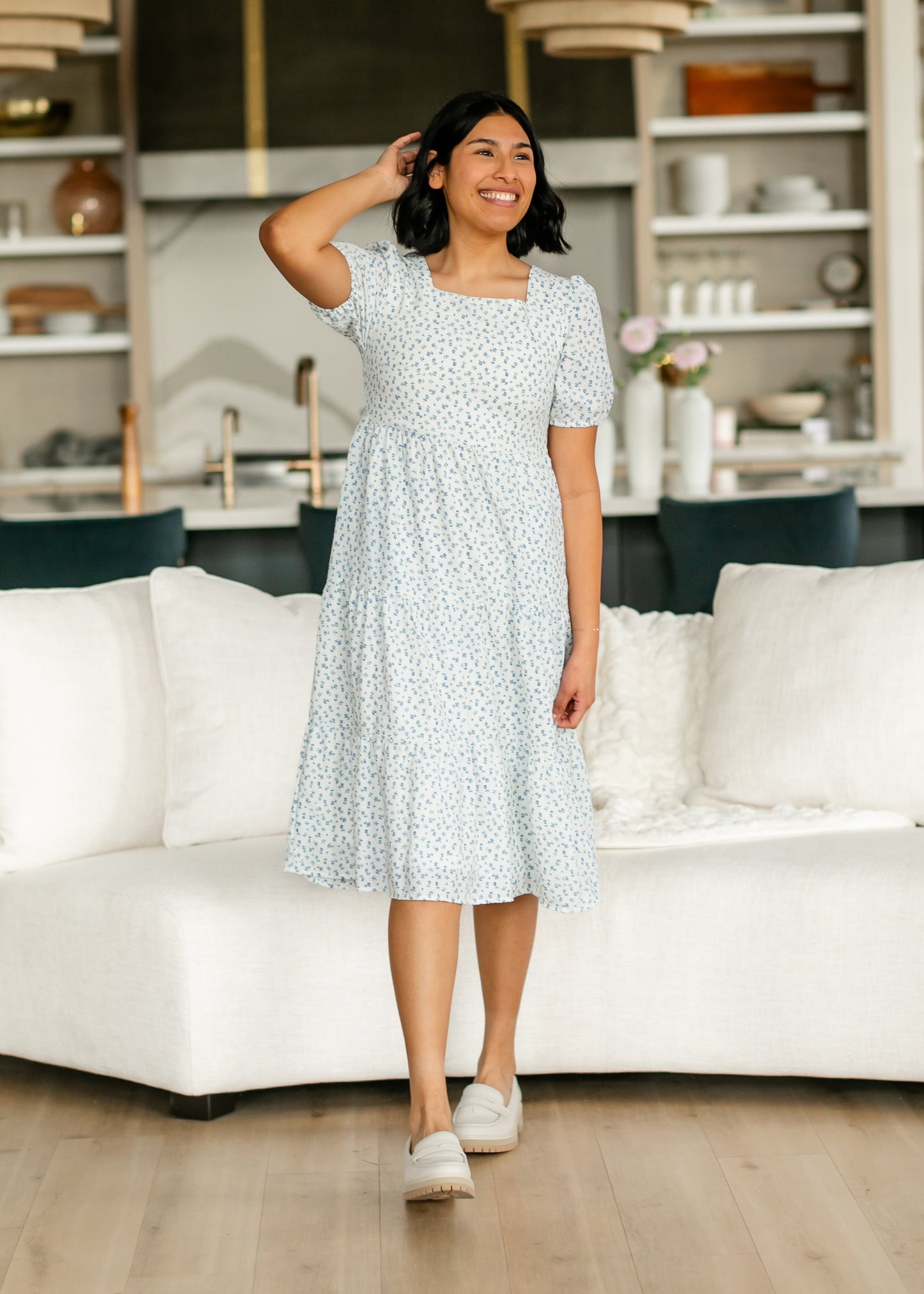 Square Neck Blue Floral Short Sleeve Midi Dress FF Dresses