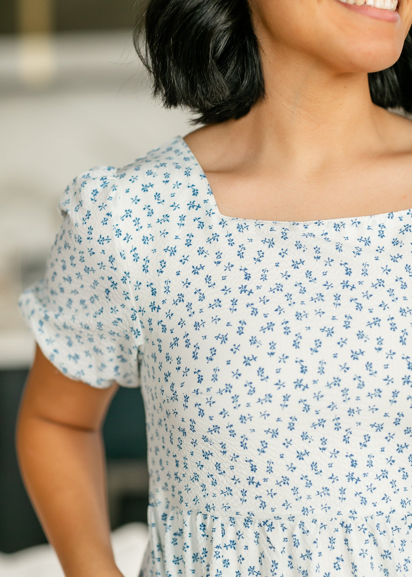 Square Neck Blue Floral Short Sleeve Midi Dress FF Dresses