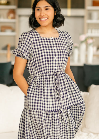 Square Neck Gingham Button Up Dress FF Dresses