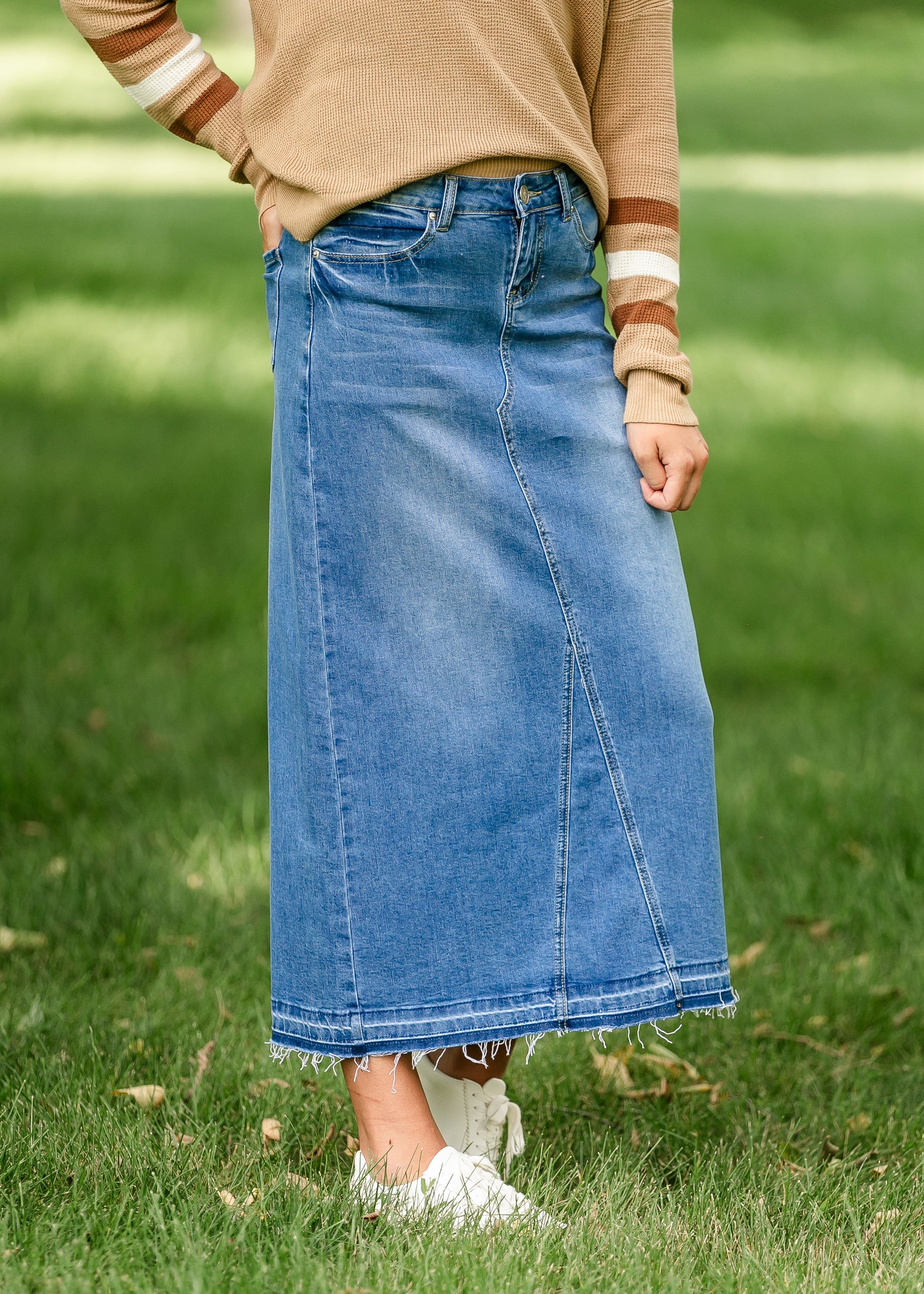 Stacy Raw Hem Long Denim Skirt IC Skirts