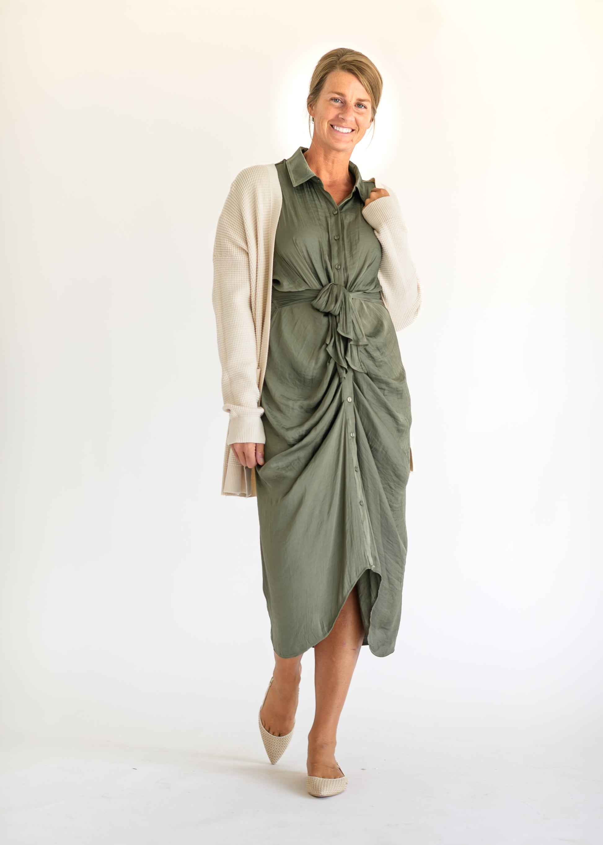 Steve Madden® Tori Button Up Satin Midi Dress FF Dresses Olive / 4