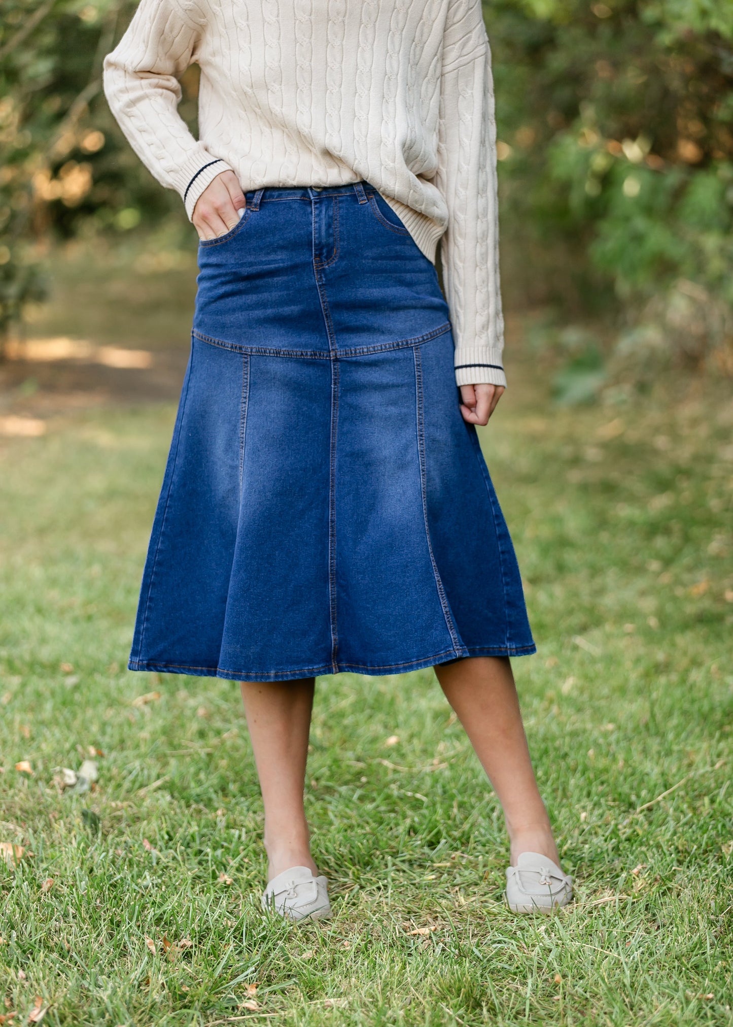 Stitched Denim Midi Skirt FF Skirts