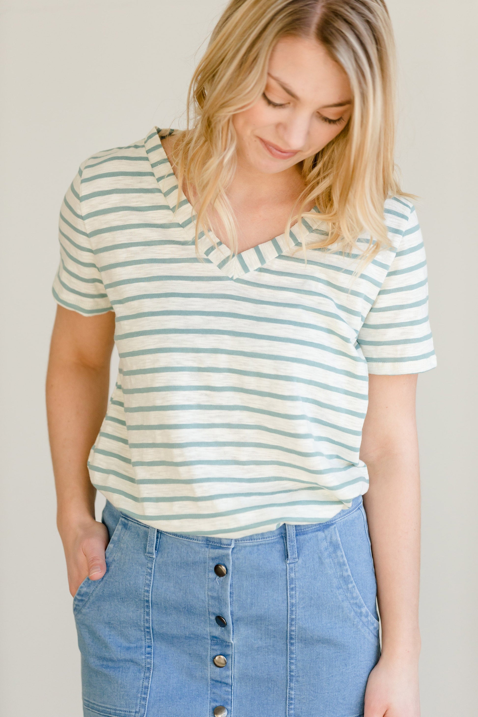 Stripe Knit V-Neck Tee - FINAL SALE Tops