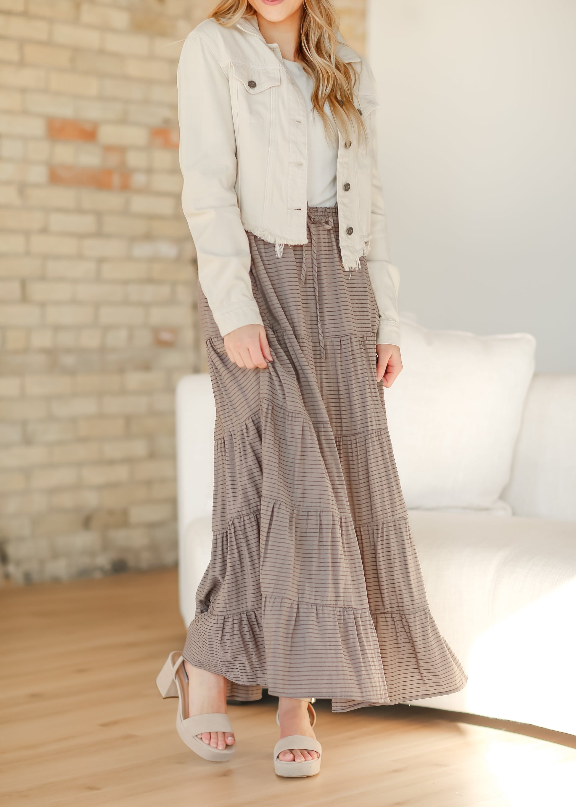 Striped Pull-on Tiered Maxi Skirt FF Skirts