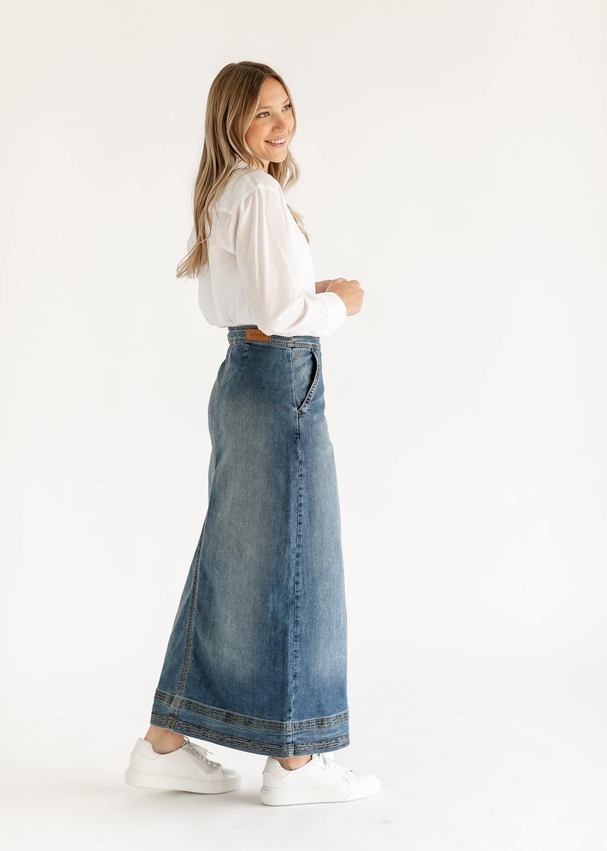 Sutton Side Zip A-line Denim Maxi Skirt IC Skirts